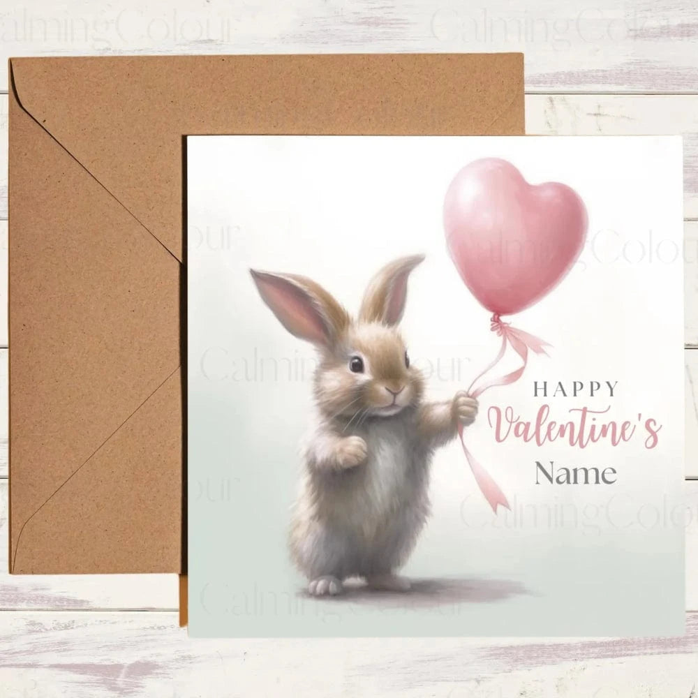 Personalised Rabbit with Red Balloon | Valentine's Card | Calming Colour