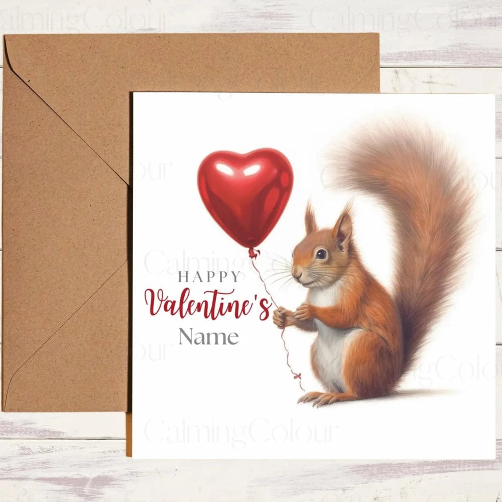 Personalised Red Squirrel with Red Balloon | Valentine's Card | With Love | Calming Colour