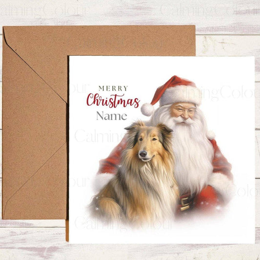 Personalised Rough Collie with Santa | Christmas Card | Christmas Card (Personalised)