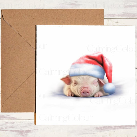 Pig Asleep in Santa Hat | Christmas Card | Christmas Card