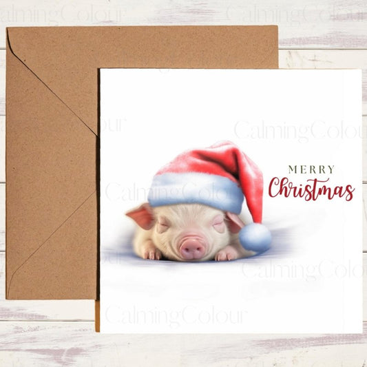 Pig Asleep in Santa Hat | Christmas Card | Christmas Card