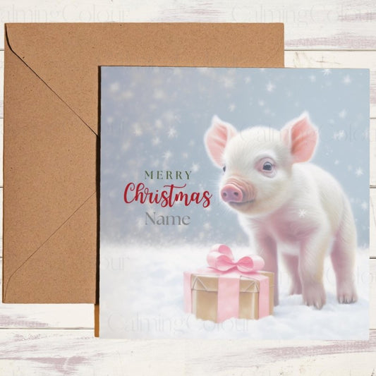 Pig with Present | Christmas Card | Christmas Card