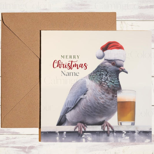 Pigeon with Santa Hat & Mini Pint | Christmas Card | Christmas Card