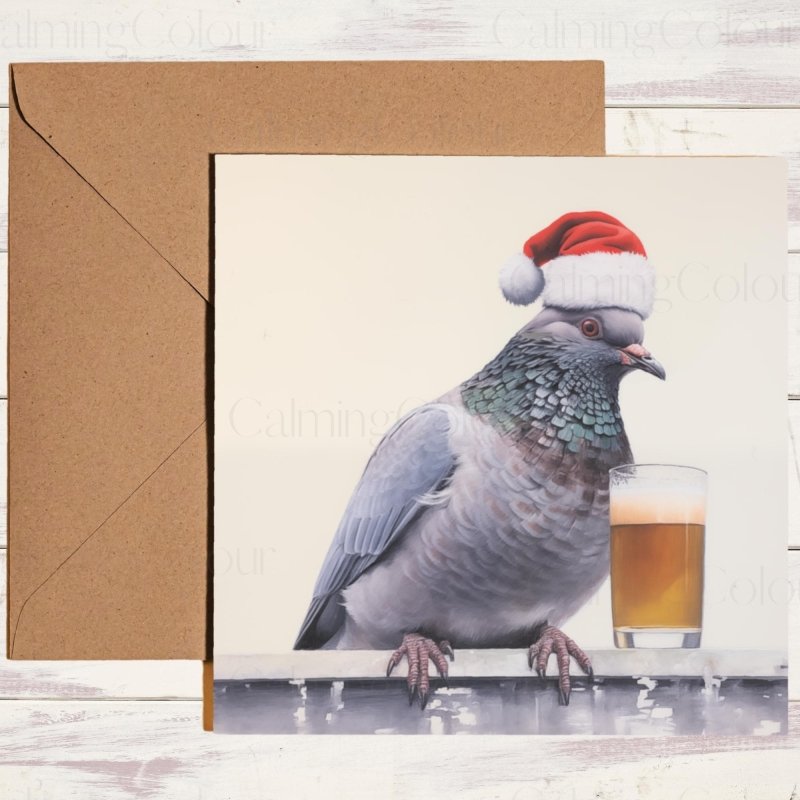Pigeon with Santa Hat & Mini Pint | Christmas Card | Christmas Card