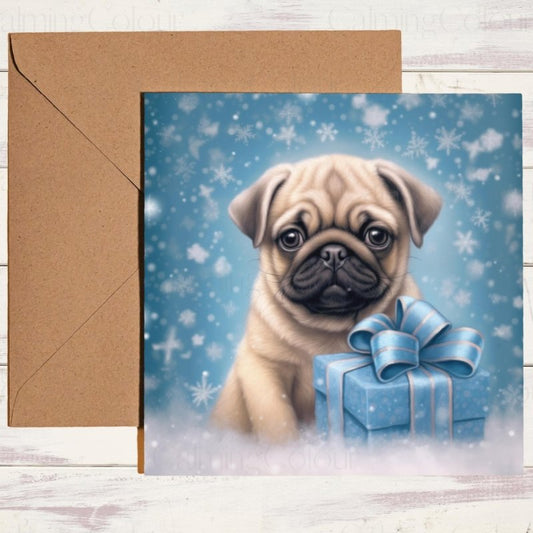 Playful Pug in Winter Snow | Christmas Card | Christmas Card