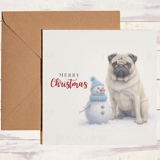 Pug Playing by Mini Snowman | Christmas Card | Christmas Card