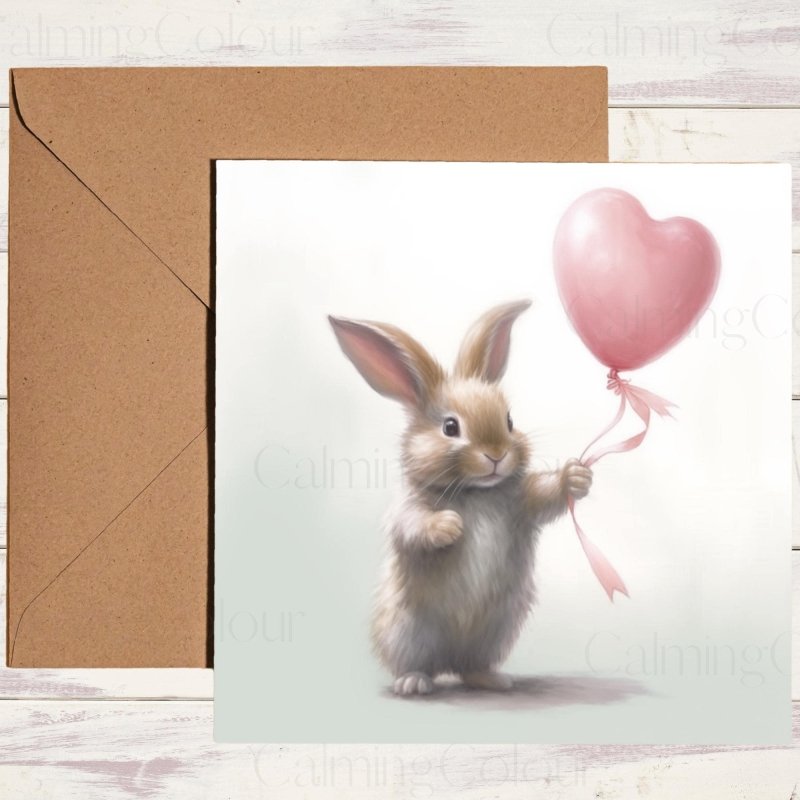 Rabbit with Heart Balloon | Valentine's Card | Valentine's Day