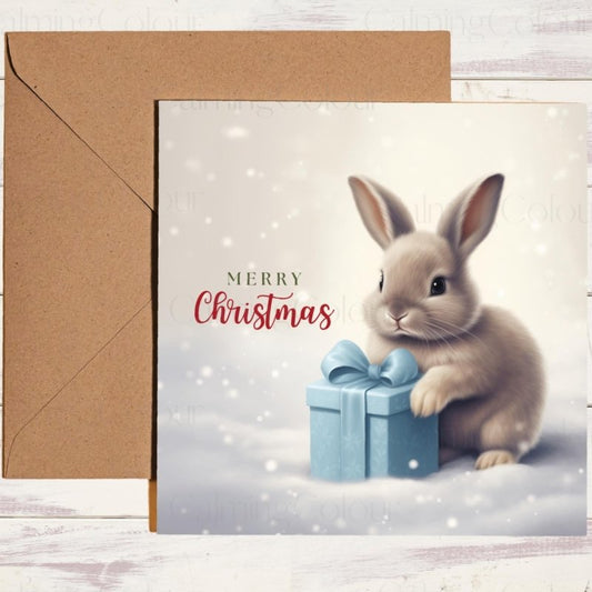 Rabbit with Present | Christmas Card | Bunny Greetings | Christmas Card