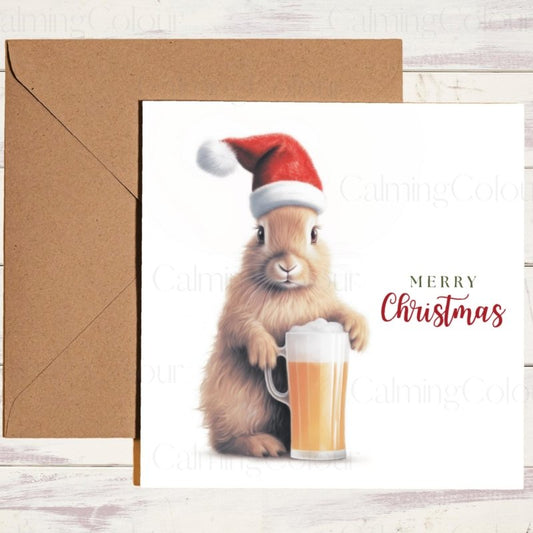 Rabbit with Santa Hat and Beer Tankard | Christmas Card | Christmas Card