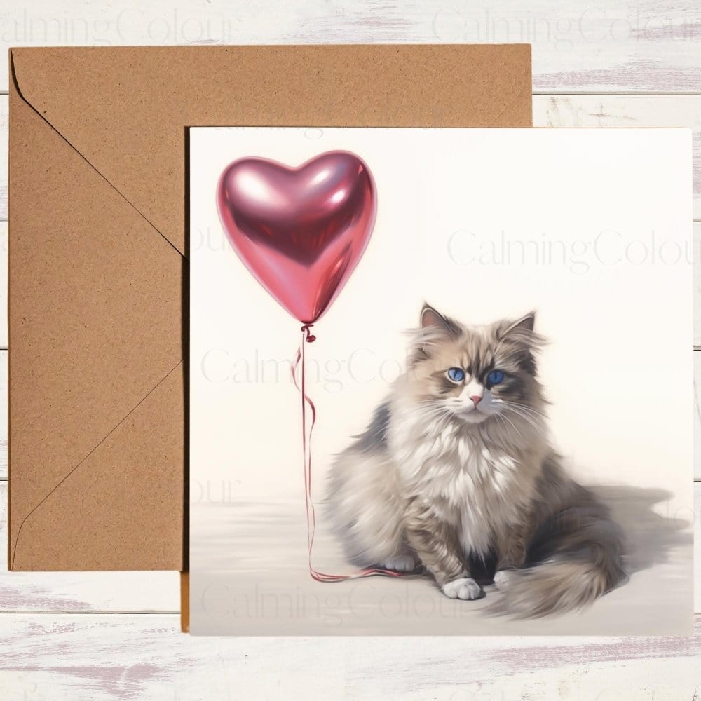 Ragdoll Cat & Red Balloon | Valentine's Card | Valentine's Day