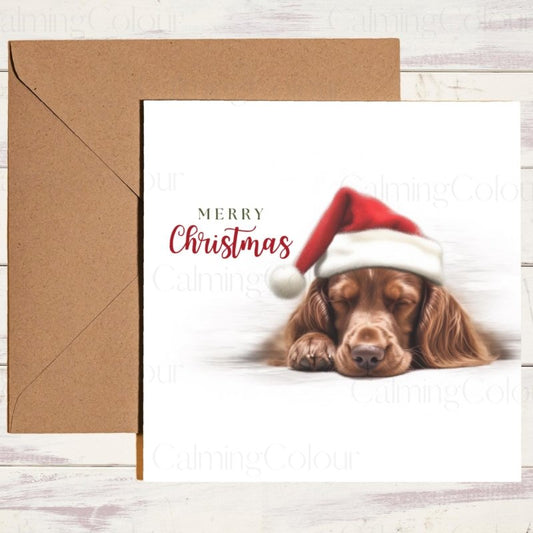 Red Setter Snoozing in Santa Hat | Christmas Card | Christmas Card