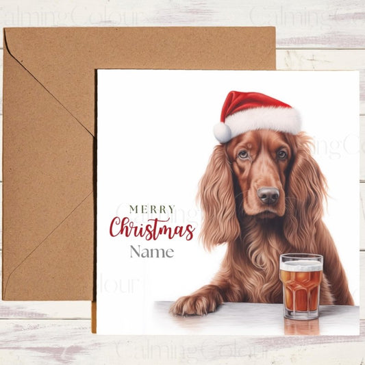 Red Setter with Santa Hat and Pint | Christmas Card | Christmas Card