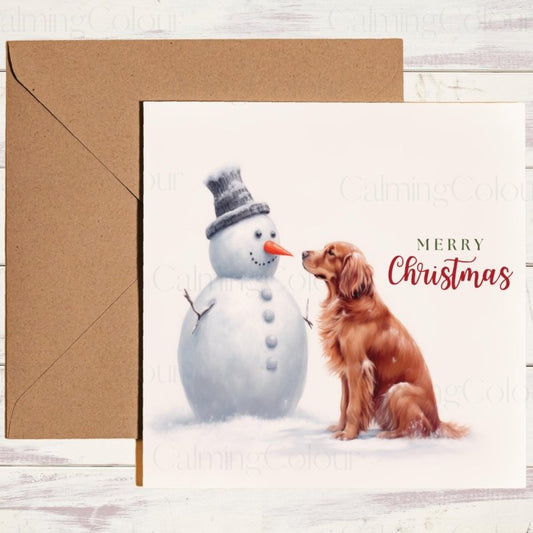 Red Setter with Snowman Friend | Christmas Card | Christmas Card