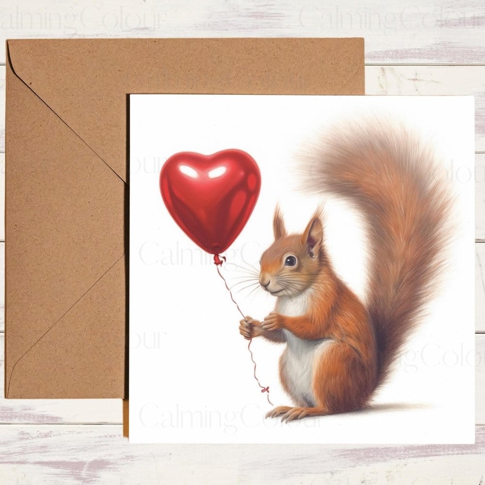 Red Squirrel with Red Balloon | Valentine's Card | Valentine's Day