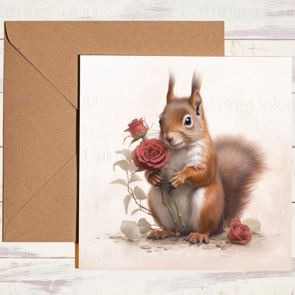 Red Squirrel with Red Rose | Valentine's Card | Valentine's Day