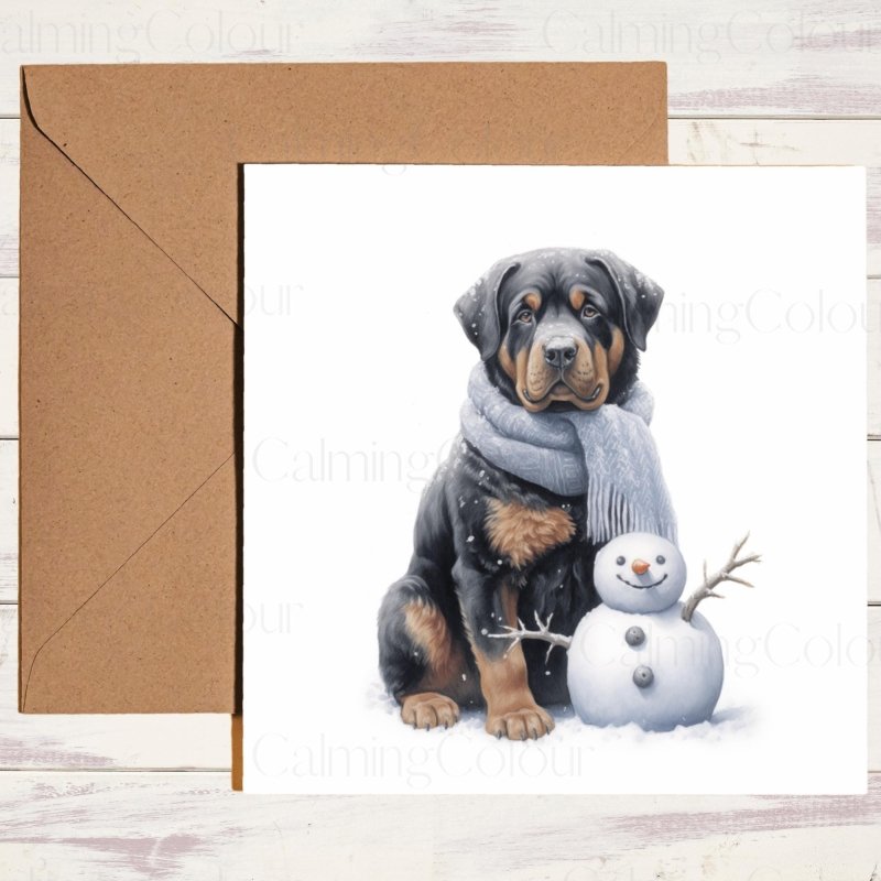 Rottweiler Beside Mini Snowman | Christmas Card | Christmas Card