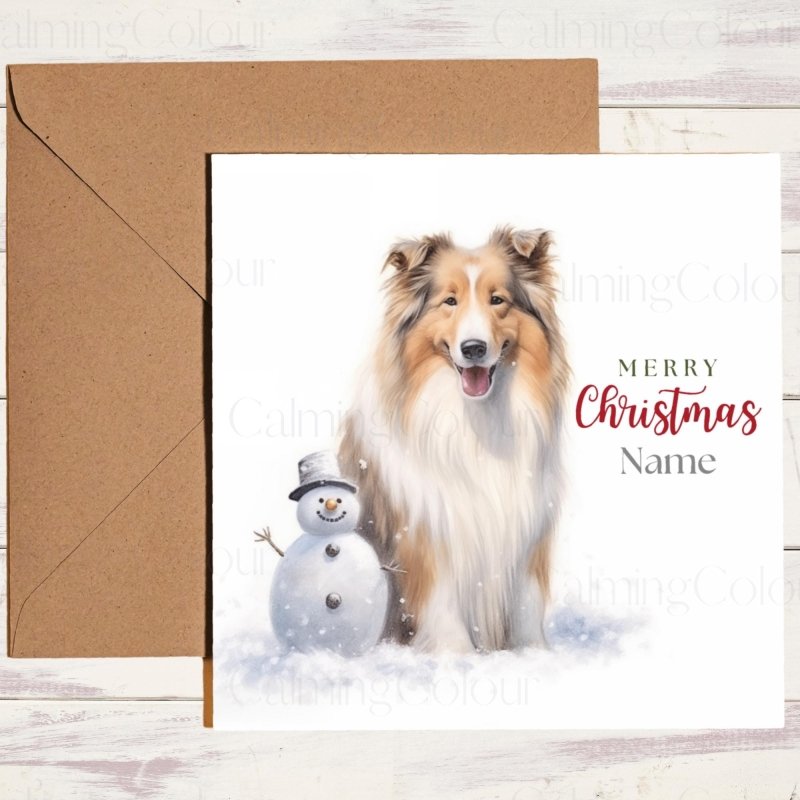 Rough Collie Beside Mini Snowman | Christmas Card | Christmas Card