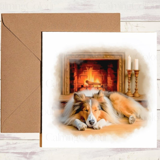 Rough Collie by the Fireplace | Christmas Card | Christmas Card