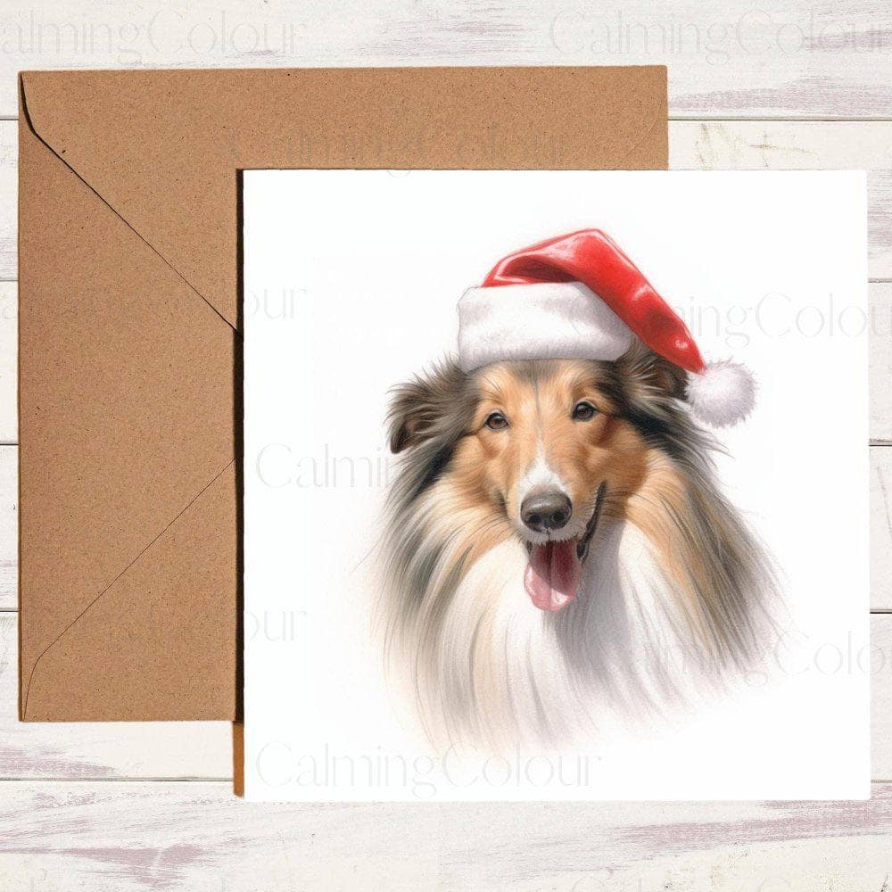 Rough Collie wearing Red Santa Hat | Christmas Card | Christmas Card