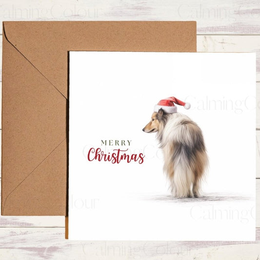 Rough Collie Wearing Red Santa Hat | Christmas Card | Christmas Card