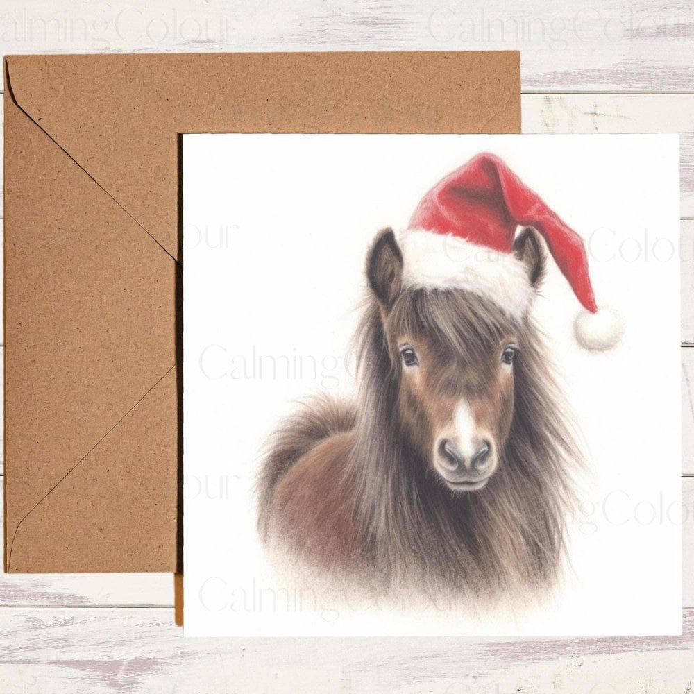 Shetland Pony Rocking a Red Santa Hat | Christmas Card | Christmas Card