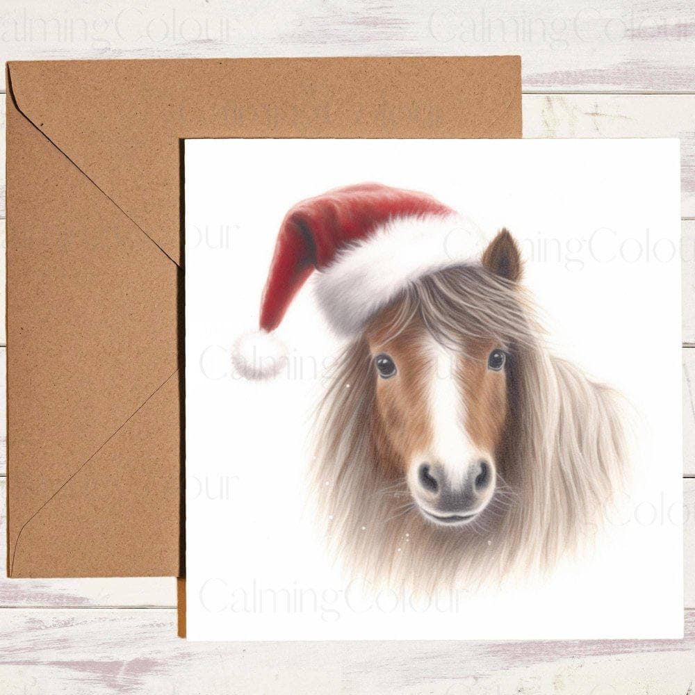Shetland Pony wearing Red Santa Hat | Christmas Card | Christmas Card