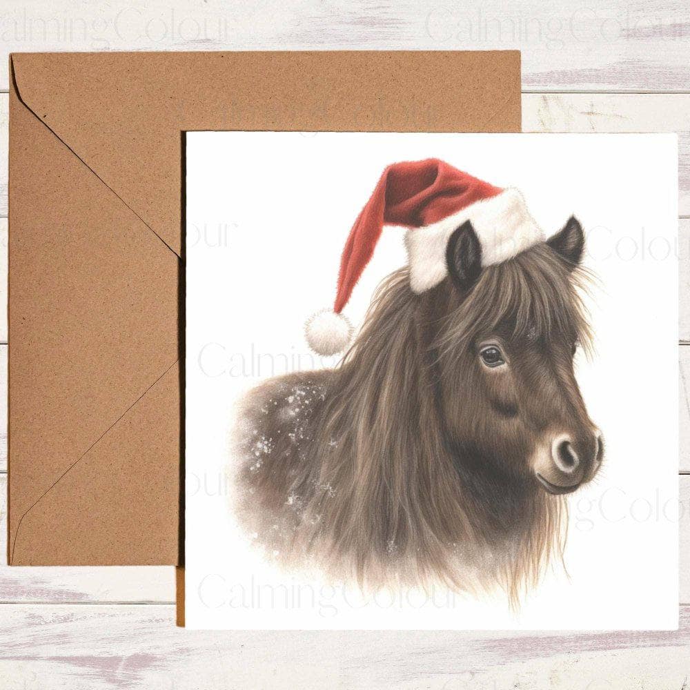 Shetland Pony with Red Santa Hat | Christmas Card | Christmas Card