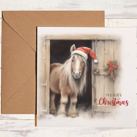 Shetland Pony with Santa Hat | Christmas Card | Christmas Card