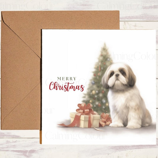 Shih Tzu with Mini Tree and Presents | Christmas Card | Christmas Card