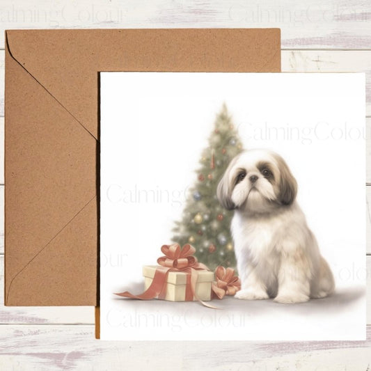 Shih Tzu with Mini Tree and Presents | Christmas Card | Christmas Card