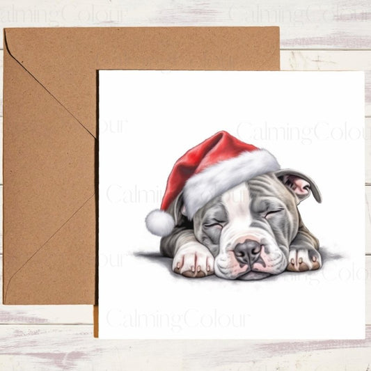Sleeping American Staffy Santa Hat Christmas Card | Christmas Card