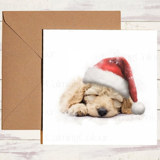 Sleeping Goldendoodle Santa Hat Christmas Card | Christmas Card