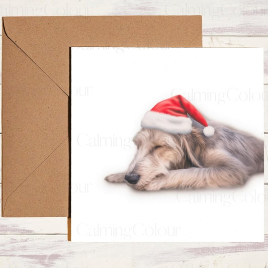 Sleeping Irish Wolfhound Santa Hat Christmas Card | Christmas Card