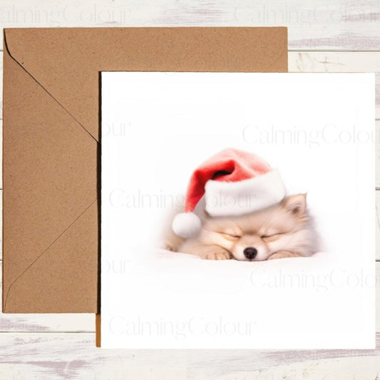 Sleeping Pomeranian Santa Hat Christmas Card | Christmas Card