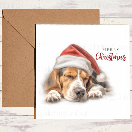 Sleepy Beagle with Santa Hat | Christmas Card | Christmas Card