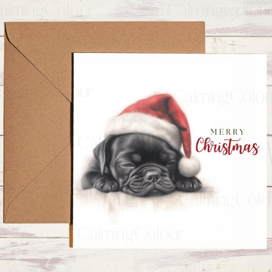 Sleepy Black Pug with Santa Hat | Christmas Card | Christmas Card