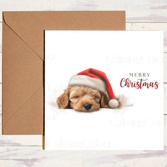 Sleepy Cockapoo with Santa Hat | Christmas Card | Christmas Card