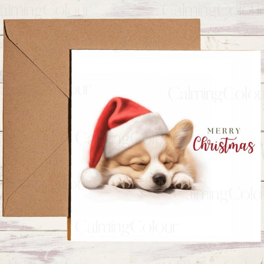 Sleepy Corgi with Santa Hat | Christmas Card | Christmas Card