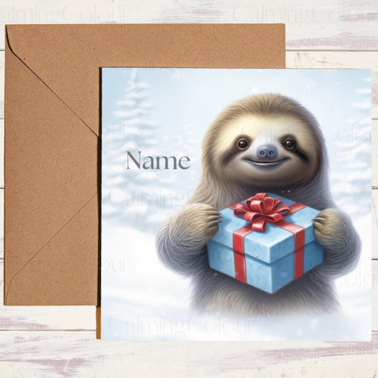 Sloth with Gift Box & Red Ribbon | Christmas Card | Christmas Card