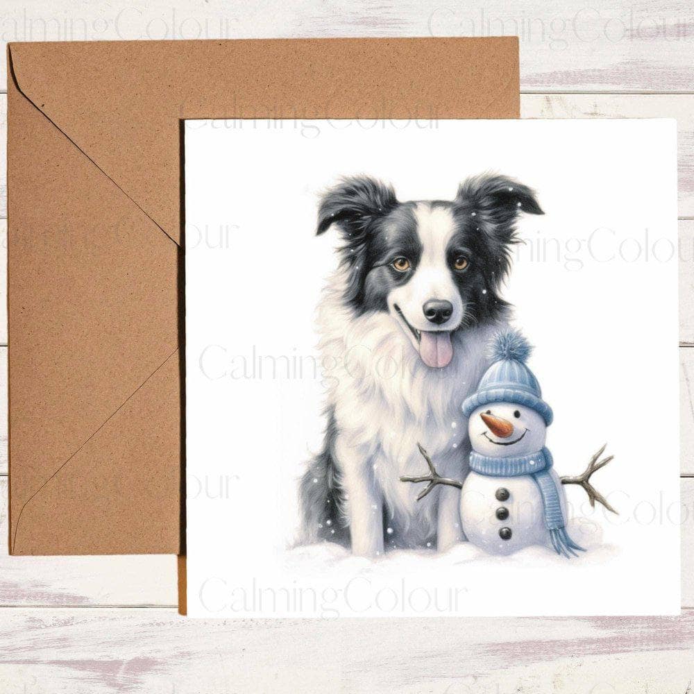 Smiling Border Collie with an Adorable Snowman | Christmas Card | Christmas Card