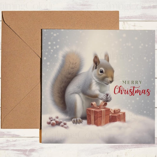 Snowy Squirrel Christmas Card | Red Gift Box | Christmas Card