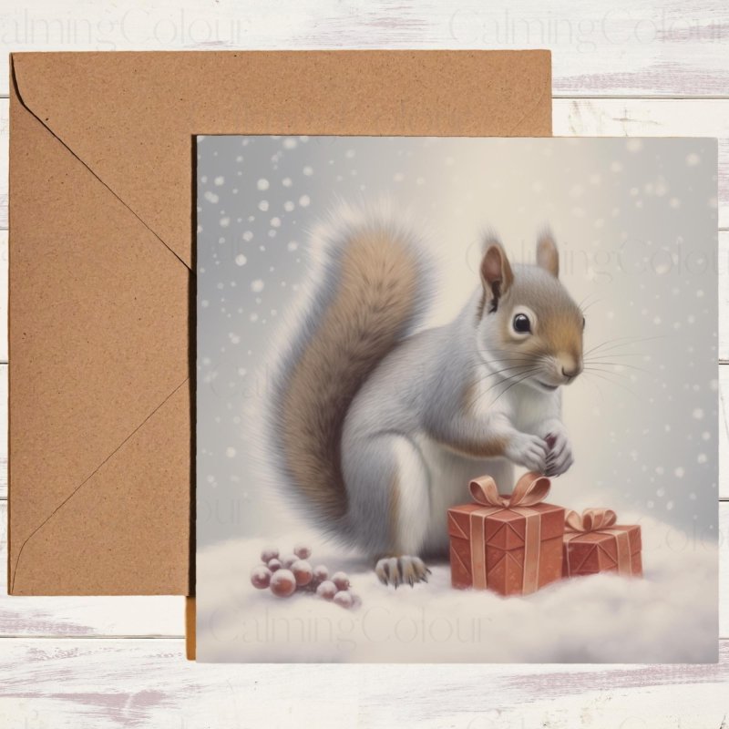 Snowy Squirrel Christmas Card | Red Gift Box | Christmas Card