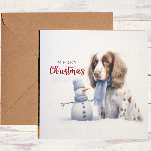 Springer Spaniel Beside Snowman | Christmas Card | Christmas Card