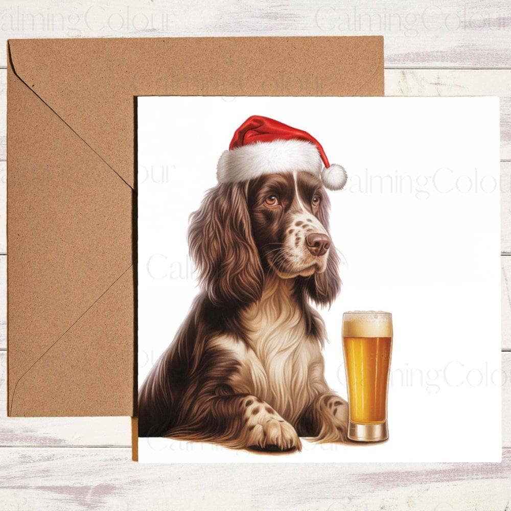 Springer Spaniel with a Pint, Red Santa Hat | Christmas Card | Christmas Card