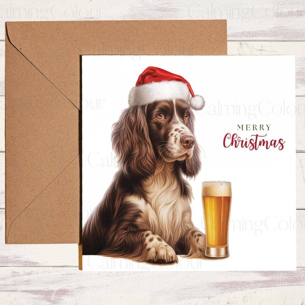 Springer Spaniel with a Pint, Red Santa Hat | Christmas Card | Christmas Card