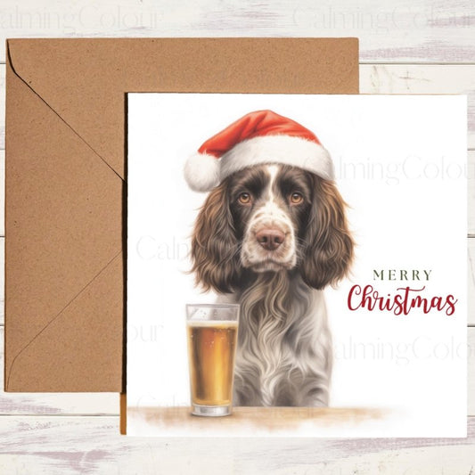 Springer Spaniel with Pint & Santa Hat | Christmas Card | Christmas Card