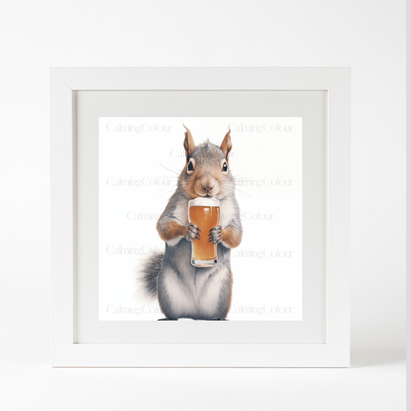 Squirrel with Pint Glass | Framed Artwork Print | Artwork - Framed Print