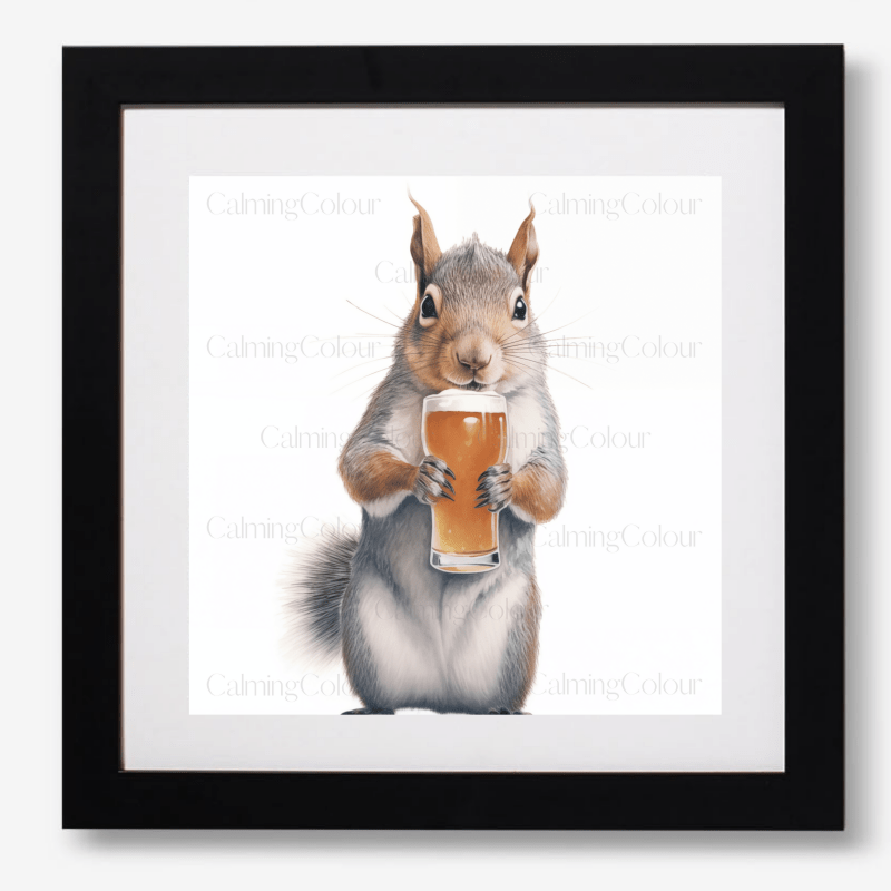 Squirrel with Pint Glass | Framed Artwork Print | Artwork - Framed Print