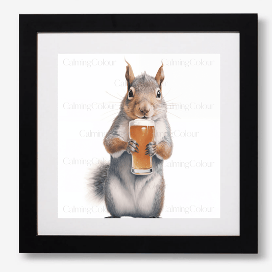 Squirrel with Pint Glass | Framed Artwork Print | Artwork - Framed Print
