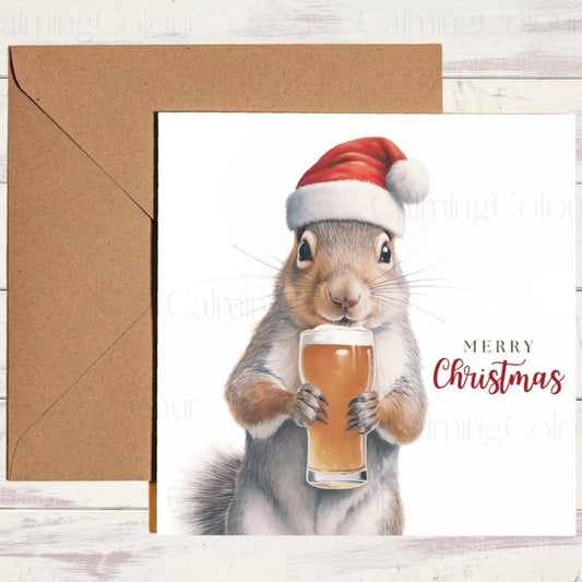 Squirrel with Santa Hat & Pint Glass | Christmas Card | Christmas Card